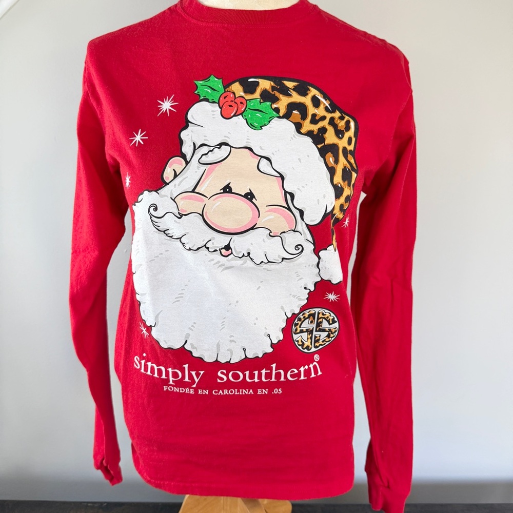 Simply Southern Leopard Santa Falalala Long Sleeve T-Shirt in Red Women’s Small